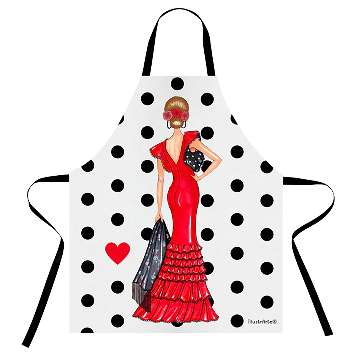 Delantal Flamenco “Manuela” – Vestido Rojo sobre Fondo Blanco con Lunares Negros