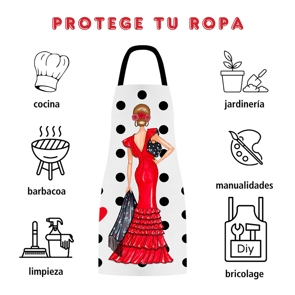 Delantal Flamenco “Manuela” – Vestido Rojo sobre Fondo Blanco con Lunares Negros_exp2